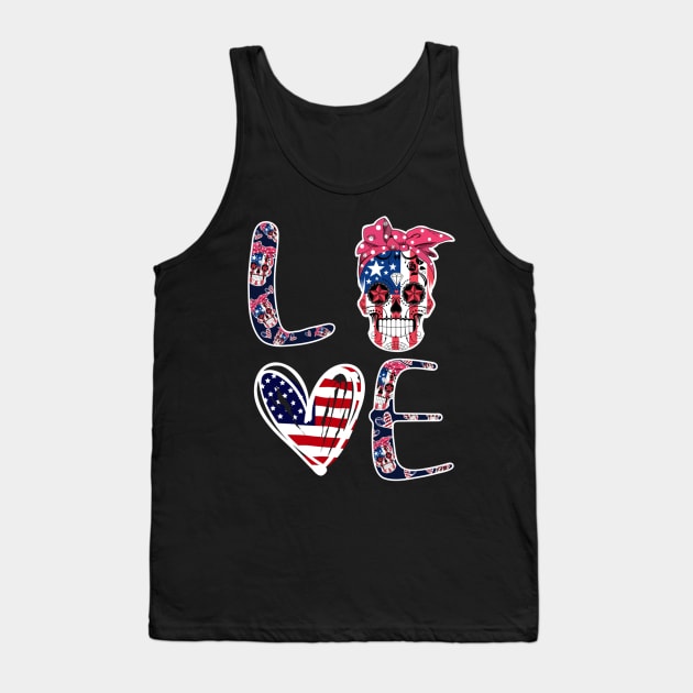 Sugar Skull Heart American Flag 4th of July Patriotic Tank Top by luxembourgertreatable